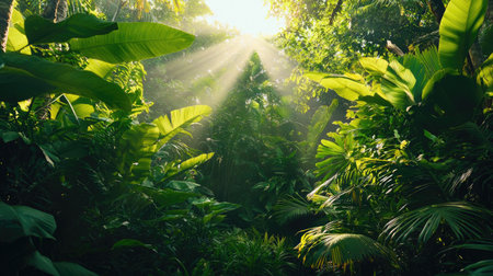 A captivating view of a lush green tropical jungle where sunlight filters through thick foliage, creating a serene atmosphere filled with vibrant nature.の素材