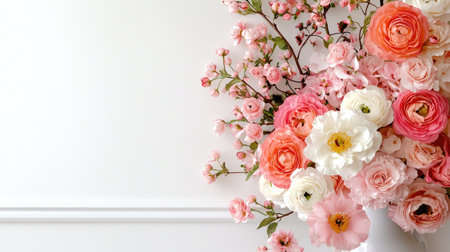A stunning floral arrangement featuring an array of pink and white flowers in an elegant vase against a soft background, perfect for home decor or celebrations.の素材
