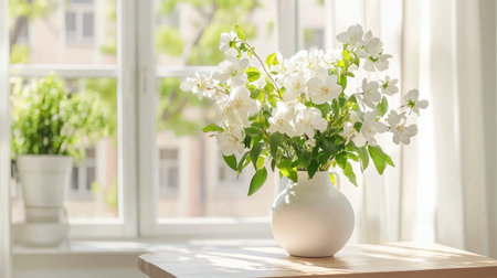 A stunning white flower arrangement in a modern vase captures the essence of elegance and freshness, beautifully accentuated by soft natural light and lush greenery.の素材
