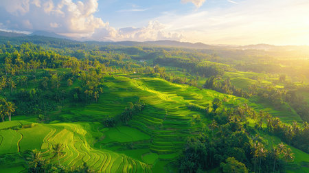 Breathtaking view of lush green rice terraces bathed in soft morning light, showcasing stunning agricultural land surrounded by tropical foliage and hills.の素材