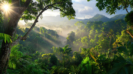 This breathtaking landscape captures a lush tropical rainforest alive with vibrant greenery and sunlight filtering through fog. The peaceful scene invites exploration and adventure, showcasing nature's beauty and biodiversity.の素材