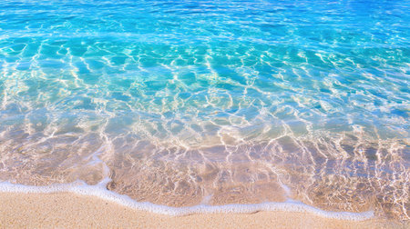 This stunning image showcases crystal clear turquoise water softly lapping against a shimmering sandy beach, creating a serene and tranquil atmosphere ideal for relaxation and escape.の素材