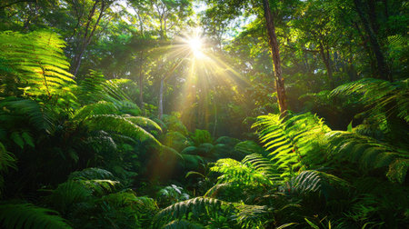 Experience the tranquility of a tropical rainforest as sunlight streams through lush greenery, illuminating the vibrant foliage and creating a serene atmosphere.の素材