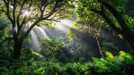 A tranquil forest scene showcasing sunlight filtering through the vibrant green canopy, illuminating lush foliage and creating a serene atmosphere.の素材