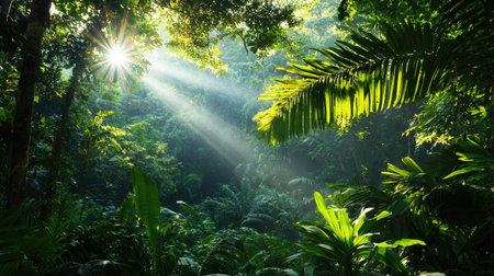 Experience the tranquil beauty of a tropical forest, where sunlight streams through a lush green canopy, creating a serene and vibrant atmosphere.の素材