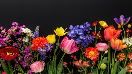 This stunning floral arrangement features a rich variety of colorful flowers, including tulips and daisies, creating a vibrant and artistic display against a dark background. Perfect for decoration or inspiration.の素材