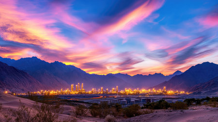 A breathtaking view of an industrial complex set against a stunning desert backdrop at sunrise, featuring majestic mountains and a colorful sky.の素材