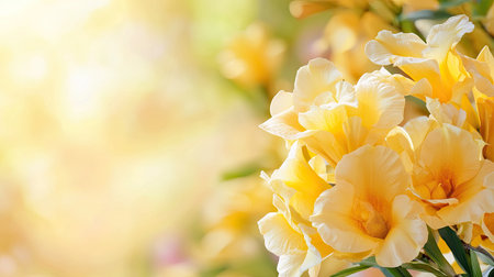 A stunning close-up of vibrant yellow flowers set against a softly blurred background. Ideal for spring-themed designs, this image radiates warmth and beauty.の素材