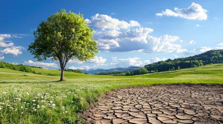 A striking contrast between a thriving green tree and dry, cracked earth showcases the effects of climate change and drought in this scenic landscape.の素材