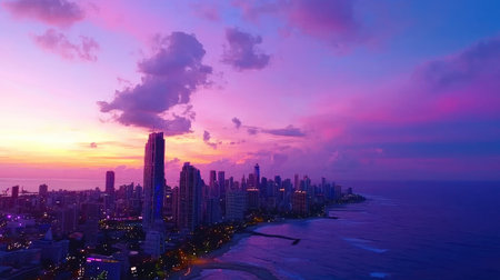 Stunning aerial view of a vibrant sunset over a coastal city skyline, showcasing colorful clouds and a calm ocean reflecting the beautiful hues.の素材