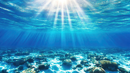 A stunning underwater scene showcasing vibrant marine life and coral reefs illuminated by bright sunlight piercing through the blue waters.の素材