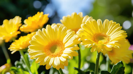 A captivating closeup of bright yellow gerbera daisies in full bloom, showcasing their vibrant petals against a softly blurred background in a lush garden.の素材