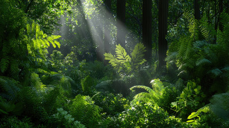 A vibrant forest scene showcasing sunlight streaming through towering trees, illuminating an array of lush ferns and greenery, evoking a sense of peace.の素材