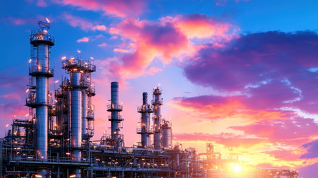 This stunning image captures a modern industrial facility at sunrise, showcasing smokestacks against a vibrant sky filled with colorful clouds.の素材