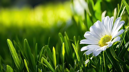 A stunning close-up of a white daisy nestled in lush green grass, illuminated by bright natural light. The vibrant colors and soft focus create a serene, tranquil atmosphere perfect for spring and summer themes.の素材