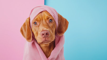This charming portrait features an adorable dog wrapped in a pink scarf against a vibrant blue and pink backdrop, exuding playfulness and personality.の素材