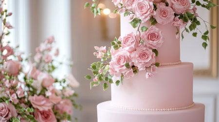 This stunning three-tier cake features soft pink hues and is beautifully adorned with pink roses and fresh greenery, perfect for weddings and celebrations.の素材