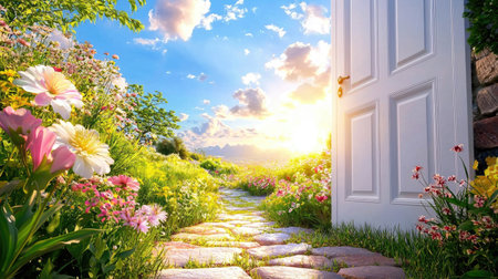A stunning view of an open door leading into a vibrant garden filled with blooming flowers and a breathtaking sunrise, inviting exploration and joy.の素材