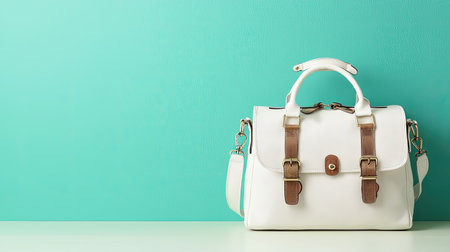 This image features a stylish white handbag with brown straps, beautifully displayed against a vibrant teal background, perfect for fashion promotions.の素材