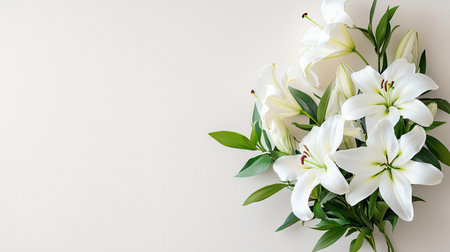 A stunning display of fresh white lilies beautifully arranged with green leaves, enhancing any space with elegance and tranquility. Ideal for floral decoration.の素材