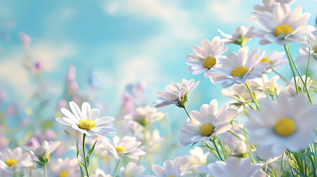 A serene scene featuring blooming daisy flowers in a vibrant garden setting. Bright petals shine under warm sunlight, set against a soft blue sky with fluffy clouds.の素材