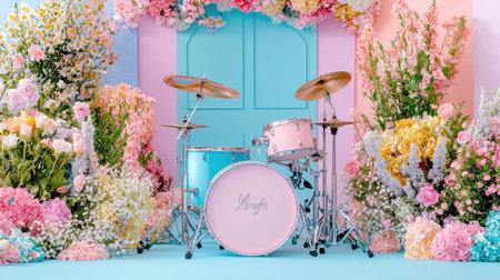 A vibrant drum set surrounded by a beautiful arrangement of pastel flowers in a whimsical setting, perfect for music events, celebrations, and artistic themes.の素材