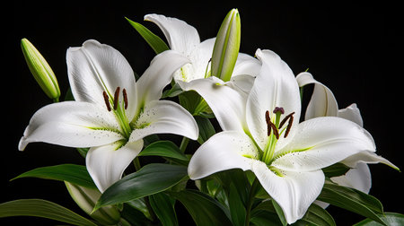 This striking image features elegant white lilies elegantly arranged against a black background, showcasing their pure beauty and vibrant serenity. Perfect for floral themes.の素材