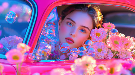 A captivating portrait of a young woman leaning out of a vintage car, surrounded by vibrant flowers and playful bubbles, radiating joy and beauty.の素材