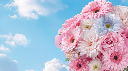 A stunning bouquet of pink and white flowers set against a bright blue sky with soft clouds, creating a vibrant and joyful atmosphere perfect for celebrations.の素材