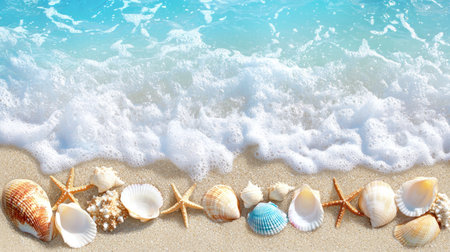 A picturesque scene featuring various shells and starfish arranged on golden sand, complemented by gentle waves and a stunning blue sky, evoking serenity.の素材