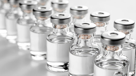 A row of clear glass medical vials with silver caps displayed on a light background, ideal for representing pharmaceutical products and healthcare solutions.の素材