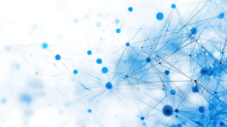 This abstract image features a network of interconnected dots and lines rendered in varying shades of blue, creating a modern technological design.の素材