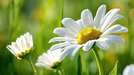 This close-up image showcases a white daisy flower featuring a vibrant yellow center, set against a lush green background. Perfect for nature lovers.の素材