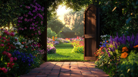 A serene view of a wooden gate frames a vibrant garden bursting with colorful flowers, inviting tranquility and natural beauty in a sunlit setting.の素材