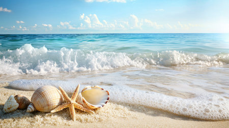 A tranquil beach scene featuring beautiful seashells and gentle waves lapping at the shore, bathed in warm sunlight and a clear blue sky.の素材