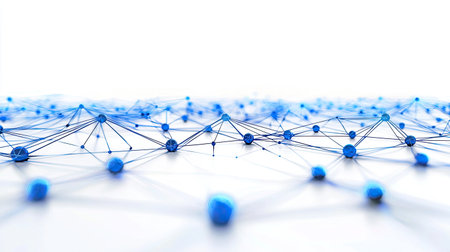 This abstract illustration showcases a blue connection network with geometric lines and nodes, representing digital interaction and technology concepts.の素材