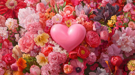 A beautiful arrangement of colorful flowers featuring a heart shape at the center. This vibrant imagery evokes feelings of love, joy, and romance, perfect for various celebrations.の素材
