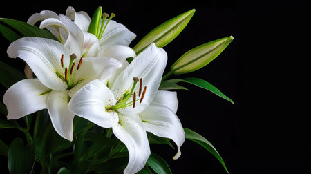 Stunning arrangement of elegant white lilies against a contrasting black background, showcasing buds ready to bloom. Perfect for decoration and artistic displays.の素材