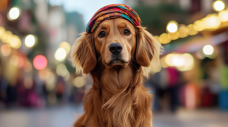 A charming golden retriever captures attention wearing a colorful hat against a festive street backdrop. This image showcases the joy and vibrancy of pet life.の素材