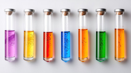A visually striking arrangement of colorful test tubes filled with vibrant liquids, perfect for educational projects, science experiments, or laboratory settings.の素材