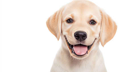 This adorable golden Labrador puppy with a joyful smile radiates happiness and innocence. The soft fur and expressive eyes capture the essence of companionship.の素材
