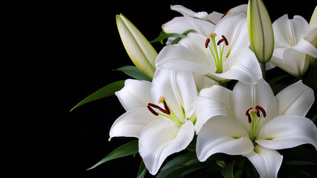 A stunning arrangement of white lilies with unopened buds against a dark background, perfect for floral design inspiration and elegant decoration ideas.の素材