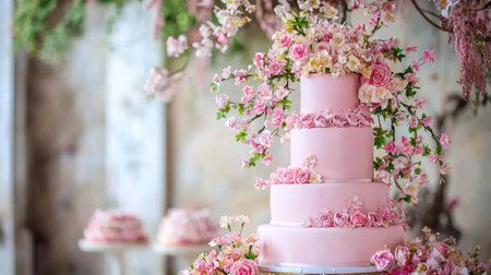 This stunning pink wedding cake showcases exquisite floral decorations, featuring fresh roses and delicate blossoms, creating a romantic atmosphere for any celebration.の素材