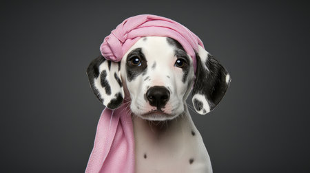 This image features an adorable Dalmatian puppy wearing a pink headband, showcasing a charming expression against a gray studio background.の素材