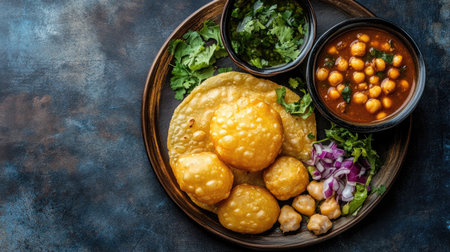Explore a vibrant platter of traditional Indian cuisine featuring chickpea curry, crispy fried snacks, and fresh herbs, perfect for food enthusiasts.の素材
