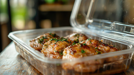A close-up view of grilled chicken thighs with herbs in a clear plastic container on a wooden surface, perfect for meal prep or takeaway. Enjoy a delicious, healthy dining experience.の素材