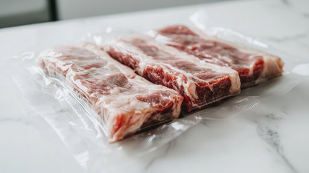 Fresh vacuum sealed packaging of raw meat cuts displayed on a marble surface. Ideal for meal preparation, showcasing quality and freshness for culinary enthusiasts.の素材