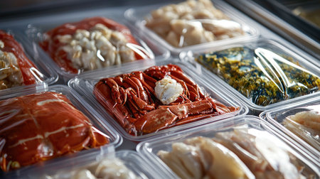 Brightly colored seafood selection in clear packaging showcases freshness and quality. Ideal for culinary inspiration or food market themes.の素材