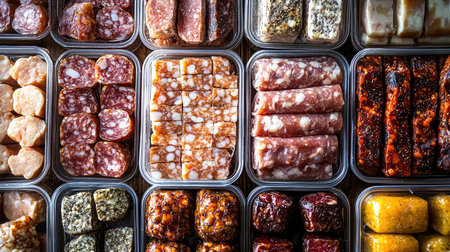 Explore a delightful assortment of various deli meats and snacks, beautifully arranged in containers, showcasing vibrant colors and enticing textures. Perfect for culinary inspirations.の素材