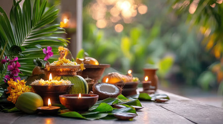 A beautifully arranged scene featuring traditional bowls, flickering candles, and vibrant flowers, set against a lush background. Perfect for wellness and celebration themes.の素材